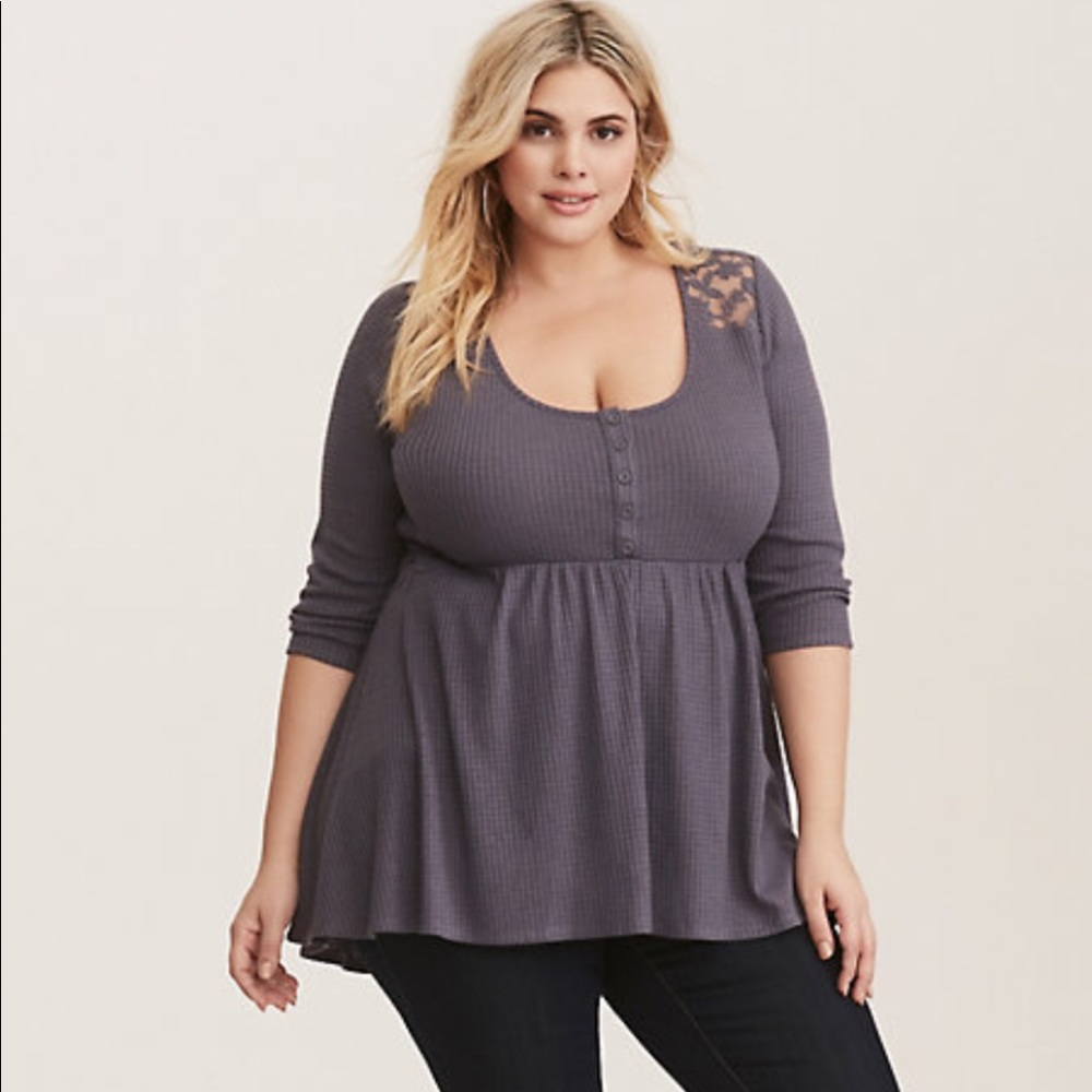 Grey Lace Waffle Knot Babydoll Top